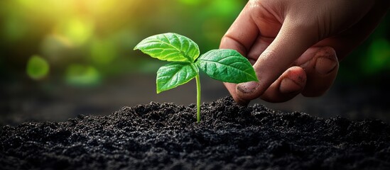 Poster - A hand gently nurturing a small green seedling growing in rich soil, representing new beginnings, growth, and environmental care.