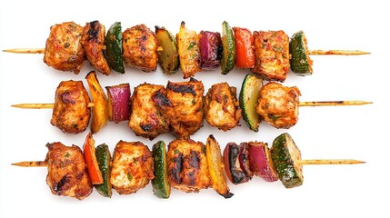 skewer bar b q tikka grilled chicken with vegetable on wooden sticks isolated on white background cl