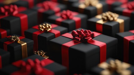 Sticker - Elegant Black Gift Boxes with Red and Gold Ribbons in a Festive Arrangement for Celebrations and Special Occasions