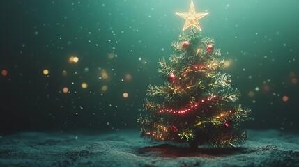 Wall Mural - A beautifully decorated Christmas tree with ornaments, lights and a star sits on a snowy background.