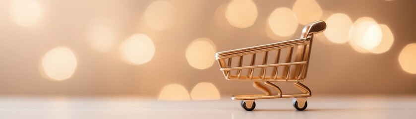 Close up of Metallic Shopping Cart on Blurred Financial Background with Glowing Lights