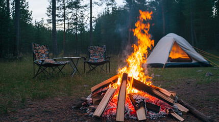 Beautiful bonfire with burning firewood near chairs and camping tent in forest. Campfire by a chairs and a tent