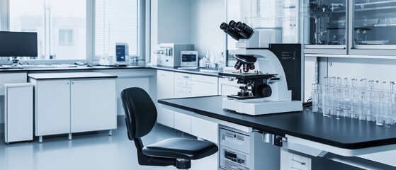 A modern laboratory interior featuring a microscope, an empty chair, and various equipment against bright, natural light.