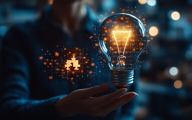 Poster - Problem solving strategy technique and solution concept, Person holding light bulb with jigsaw icon on virtual screen