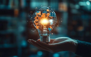 Poster - Problem solving strategy technique and solution concept, Person holding light bulb with jigsaw icon on virtual screen