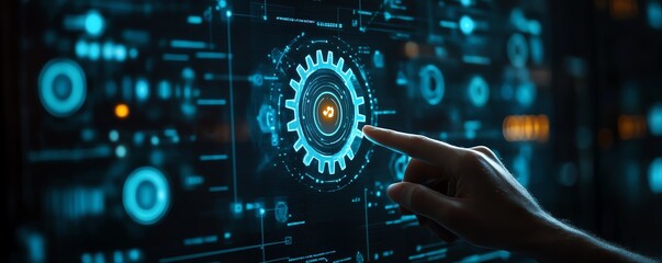 Fototapete - RPA, Business robotic process automation concept Person with gear icon on virtual screen for improve productivity and management efficiency