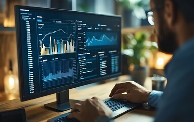 Poster - Business analytics concept, data analyzing financial statistics, market research Businessman with data analysis and reporting plans, display dashboard charts on virtual screen