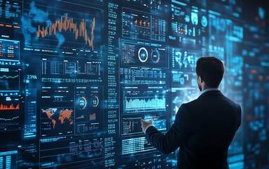 Poster - Business analytics concept, data analyzing financial statistics, market research Businessman with data analysis and reporting plans, display dashboard charts on virtual screen