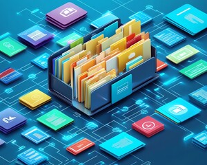 Poster - document management concept, file access, document sharing, documentation database and managing files online document