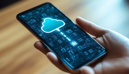 Fototapete - Download processing data concept Downloading data from cloud storage Person using smartphone with downloading bar on virtual screen for download files