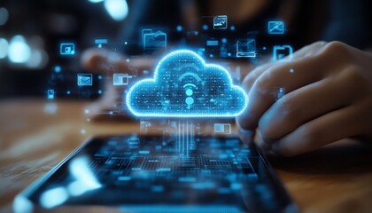Leinwandbilder - Download processing data concept Downloading data from cloud storage Person using smartphone with downloading bar on virtual screen for download files
