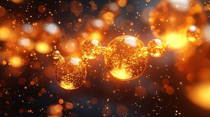 A molecular chain intertwined with glowing golden bubbles, creating light reflections in a minimal 3D space