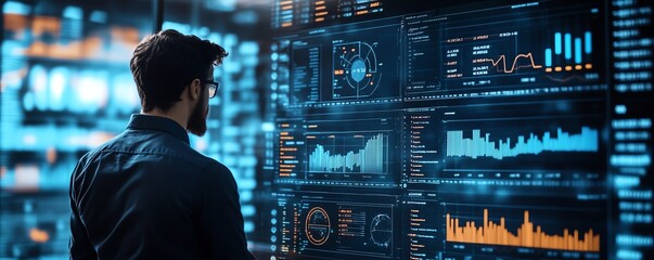 Poster - Businessman with business analytics and data management system on virtual screen Business data analytics and process automation management with icon of KPI financial charts and gra