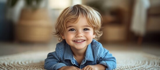 Wall Mural - A young boy with blond hair smiles while laying on a rug.