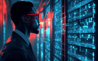 Poster - artificial intelligence cyber security threat illustration concept AI banner Male IT specialist analysing data information technology privacy leaks AR artificial intelligence