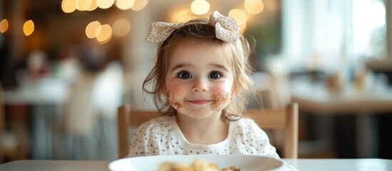 A little girl sits at a table with a plate of food in front of her, looking at the camera with a mischievous smile. She has food on her face, and she looks happy and carefree.