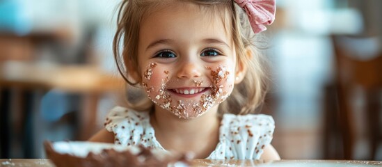 Wall Mural - A little girl with chocolate on her face smiles at the camera.