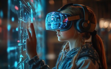 Fototapete - School student with VR headset using AI artificial intelligence technology  machine learningInteractive technology in classroom Innovation  smart tech AI blue hologram in education