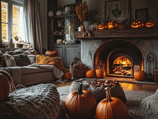 Cozy living room with pumpkins and fireplace