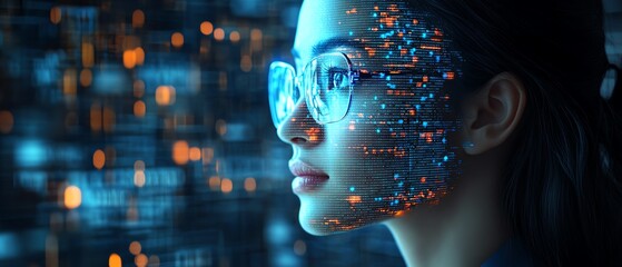 Fototapete - AI cyber security threat illustration,  female IT specialist analysing data information technology, augmented reality artificial intelligence collage, side profile, copy space
