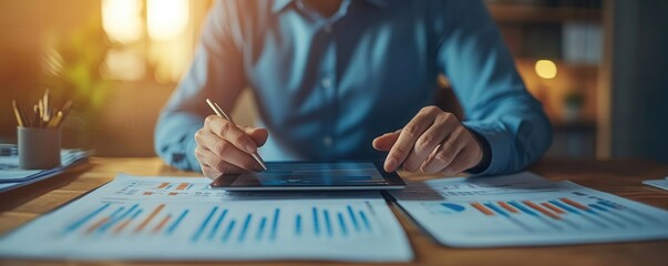 Poster - A person analyzing data charts on a tablet, focusing on graphs and statistics in a well-lit workspace.
