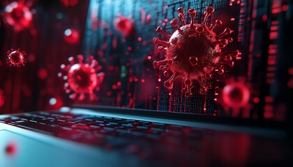 Poster - Virus alert text on laptop computer display screen Online network internet cyber security and safety protection from dangerous hacker attack Software privacy information
