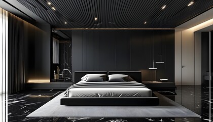 Wall Mural - Sophisticated master bedroom showcasing modern interior design with minimalist lamps, black marble flooring, and elegant linear ceiling lights