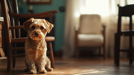 Small brown dog sitting in front of a wooden chair in a living room.