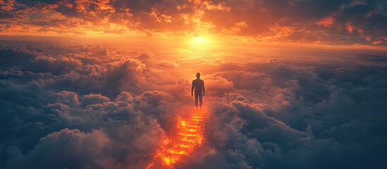 Poster - A single figure walks on a path of light leading to a bright sun in a dramatic sky of clouds.