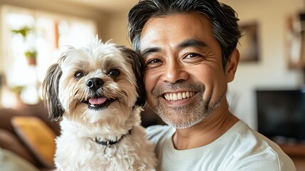 Close up portrait of a smiling man holding his small white dog.