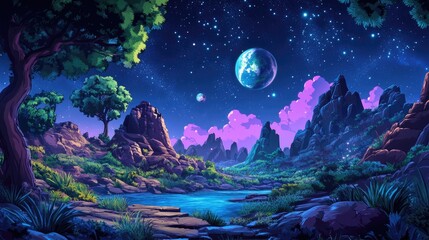 Wall Mural - A Nighttime Landscape with a River Flowing Between Mountains and a Bright Planet in the Sky