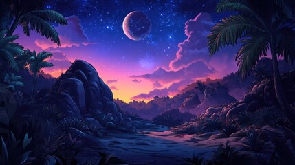 Wall Mural - A Nighttime Tropical Landscape with a Large Moon and Starry Sky