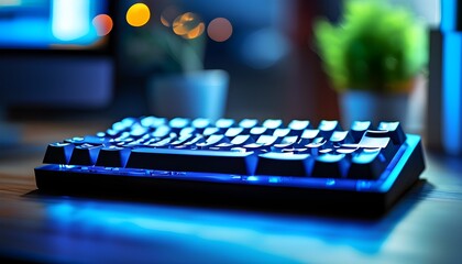 Wall Mural - Illuminated blue keyboard with shimmering effect, representing advanced technology in contemporary office spaces