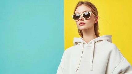 a stylish individual wearing a white hoodie and sunglasses, posing against a vibrant two-tone backdr