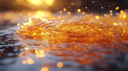 Wall Mural - Closeup of water splash with golden light reflections and bokeh.