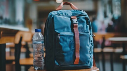 Photograph a school backpack packed with all essentials like textbooks, a lunch box, and a water bottle, ready for a day of learning and activities.