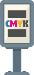 Poster - Metal stand displaying a sign with the letters cmyk, representing the colors cyan, magenta, yellow and key - black - , used in printing