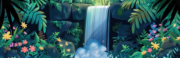 Wall Mural - Lush Tropical Waterfall With Colorful Flowers and Foliage