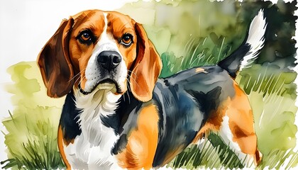 Wall Mural - vibrant watercolor painting of a beagle dog with charming expressions and lively colors