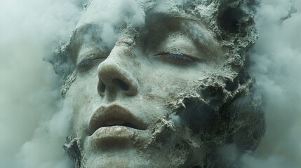 Stone Face in Fog: A Dreamlike Transformation