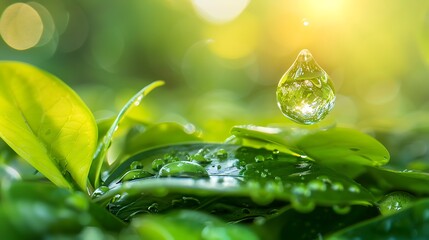 Wall Mural - A close-up of green leaves with water droplets, illuminated by soft sunlight.