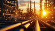 © Rossarin - Industrial landscape at sunset with pipes and structures illuminated by golden light.