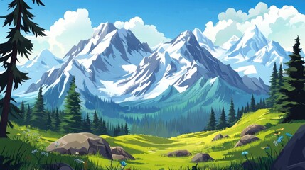 Wall Mural - Mountainous Landscape with Snow-Capped Peaks and a Forest Clearing