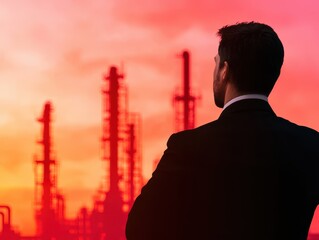 Businessman observing oil refinery at sunset, silhouette against pink sky.