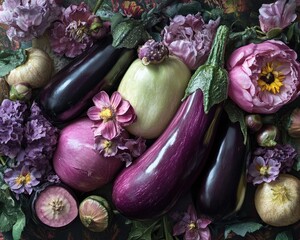 Still life composition featuring eggplant zucchini and floral elements