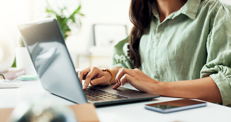 Wall Mural - Hands, research and woman in home office with laptop, typing or networking for freelance project. Remote work, connectivity and girl at desk writing email, report or online review for business plan