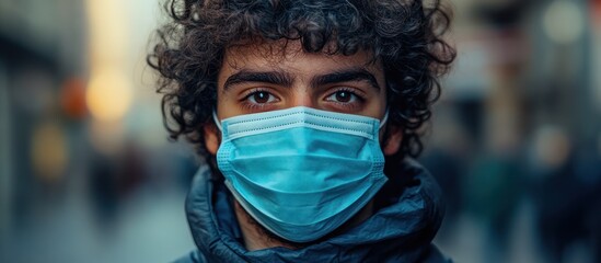 Young man with curly hair wearing a blue face mask, looking directly at the camera.