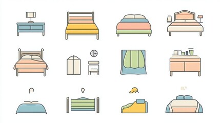 Poster - Bedding thin line icon set. Containing a blanket, bed, pillow, mattress, duvet, bed frame, sheet, headboard, nightstand