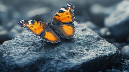 Poster - Orange Butterfly on a Rock: Nature's Beauty