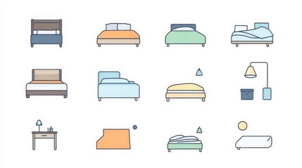 Poster - Bedding thin line icon set. Containing a blanket, bed, pillow, mattress, duvet, bed frame, sheet, headboard, nightstand